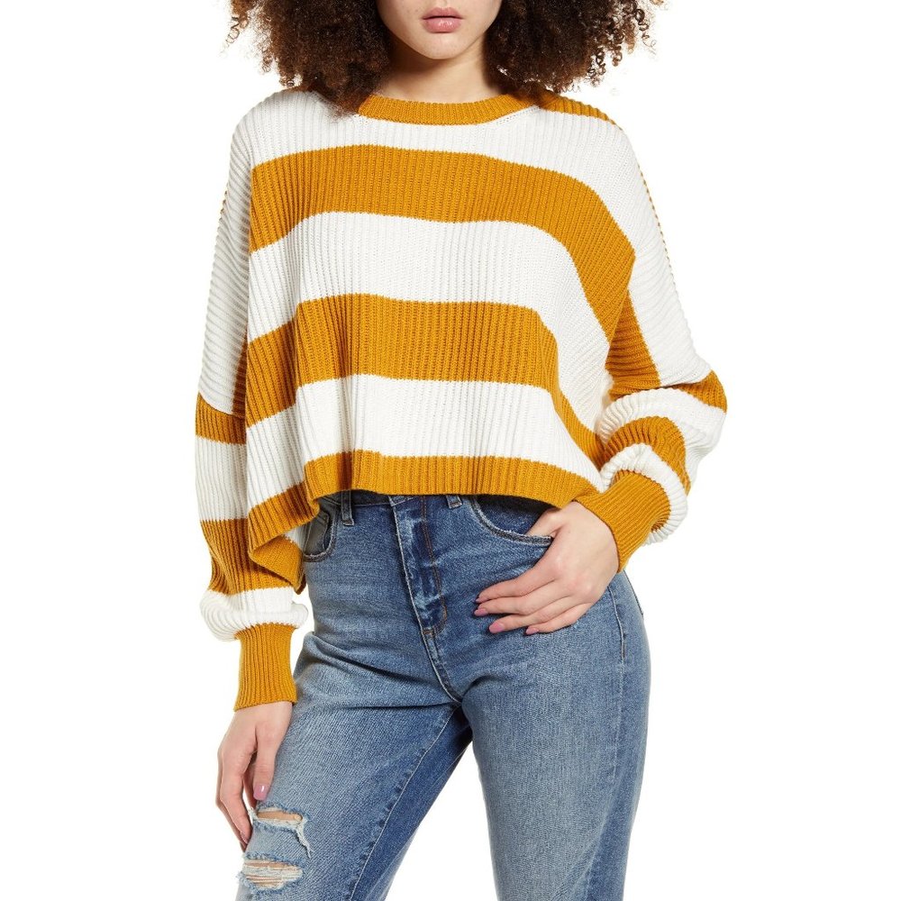 New LIRA Womens Small Sahara Crop Sweater Amber Stripe Mustard White Boxy